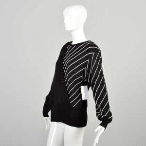 Medium 1980s Black and White Stripe Asymmetric Sweater - Fashionconservatory.com