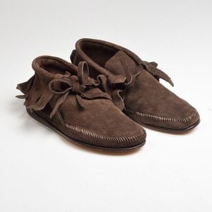 Sz 8 1970s Deadstock Brown Suede Leather Fringe Moccasin Shoes