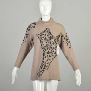 Medium 1990s Leopard Wool Sweater Tan Novelty Bloomingdales Long Sleeve Tunic Funnel Neck Pullover