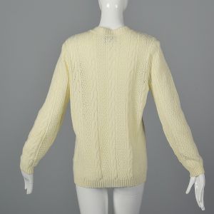 Medium 1980s White Sweater Cream Open Cable Knit Long Sleeve Cardigan - Fashionconservatory.com