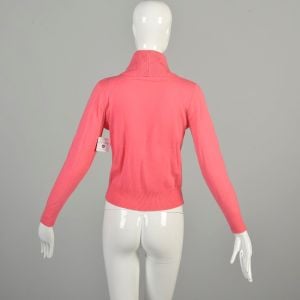 Small 1980s Pink Cowl Turtleneck Sweater Salmon Lightweight Knit Long Sleeve Pullover - Fashionconservatory.com