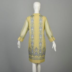 M/L | 1970s V-Neck Long Sleeve Chartreuse Floral Signature Print Dress by Alfred Shaheen - Fashionconservatory.com