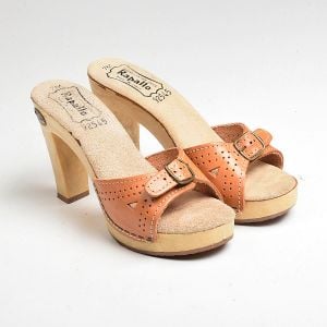 Size 7M 1970s High Heel Slide Sandals Slip-On Boho Heels Hippie Shoes - Fashionconservatory.com