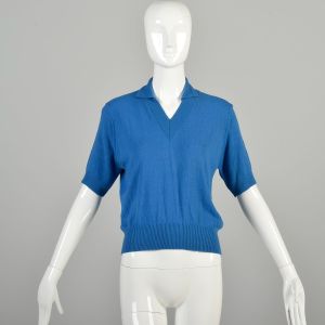 Medium 1960s Bright Blue Short Sleeve V-Neck Collared Knit Sweater Top