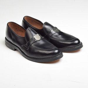 Sz 7 1970s Unisex Black Leather Loafers Slip-On Shoes