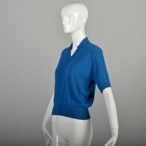 Medium 1960s Bright Blue Short Sleeve V-Neck Collared Knit Sweater Top - Fashionconservatory.com
