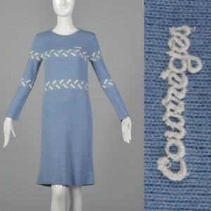 XS 1970s Courreges Blue Long Sleeve Sweater Dress Geometric Pattern