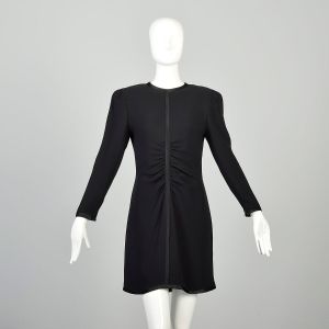 M | Long Sleeve 1980s Ruched Minimalist Waist Little Black Mini Dress LBD by Bill Blass