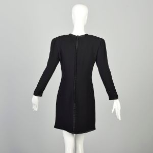 M | Long Sleeve 1980s Ruched Minimalist Waist Little Black Mini Dress LBD by Bill Blass - Fashionconservatory.com