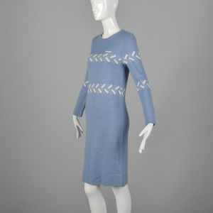 XS 1970s Courreges Blue Long Sleeve Sweater Dress Geometric Pattern - Fashionconservatory.com