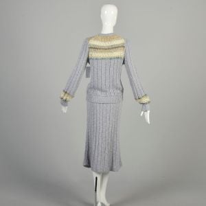 M-L 1980s Grey Cardigan Skirt Set Rib Knit Tan Stripe Texture Sweater Bohemian Midi Skirt  - Fashionconservatory.com