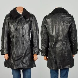 Medium 1940s Black Horsehide Leather Swedish Military Officers Coat