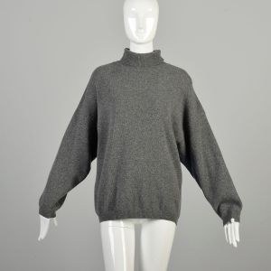 M-L 1980s Grey Wool Turtleneck Sweater Sisley Made in Italy Long Sleeve Oversized Cozy Pullover 
