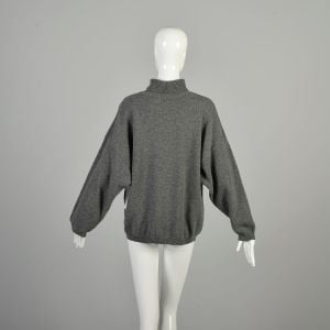 M-L 1980s Grey Wool Turtleneck Sweater Sisley Made in Italy Long Sleeve Oversized Cozy Pullover  - Fashionconservatory.com