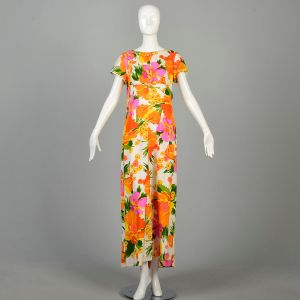 XS | 1960s Short Sleeve Hawaiian Polynesian Floral Print Maxi Dress by Alice