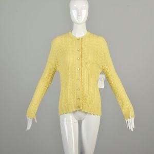 Medium 1970s Pastel Yellow Cardigan Open Knit Semi-Sheer Long Sleeve Button Front Sweater