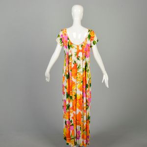 XS | 1960s Short Sleeve Hawaiian Polynesian Floral Print Maxi Dress by Alice - Fashionconservatory.com