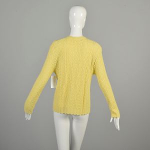 Medium 1970s Pastel Yellow Cardigan Open Knit Semi-Sheer Long Sleeve Button Front Sweater - Fashionconservatory.com