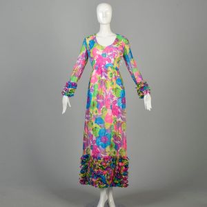 M | 1970s Pink, Blue Purple and Green Colorful Floral Maxi Evening Dress by Felix Arbeo for Aventura