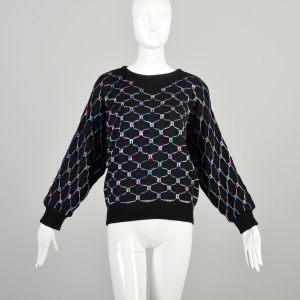 L-XL 1980s Black Rainbow Lattice Web Sweater Multicolor Dolman Sleeve Batwing Cozy Pullover 