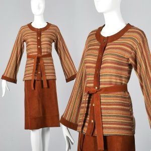 Small 1970s Pierre Cardin Tan Striped Skirt Set Suede Leather Skirt