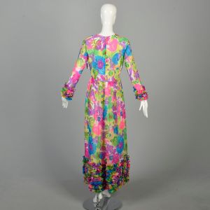 M | 1970s Pink, Blue Purple and Green Colorful Floral Maxi Evening Dress by Felix Arbeo for Aventura - Fashionconservatory.com