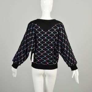 L-XL 1980s Black Rainbow Lattice Web Sweater Multicolor Dolman Sleeve Batwing Cozy Pullover  - Fashionconservatory.com