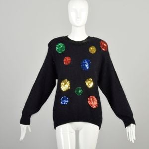 M-L 1980s Black Silk Angora Blend Knit Sweater Multicolor Sequin Polka Dot Soft Cozy Pullover 