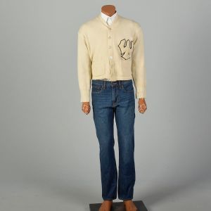 L | 1950s Cream Cardigan with Fraternity Emblem by Sand Knit