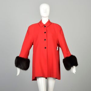 L | 1980s Red Swing Coat w/Fox Fur Cuffs by Lilli Ann for I. Magnin