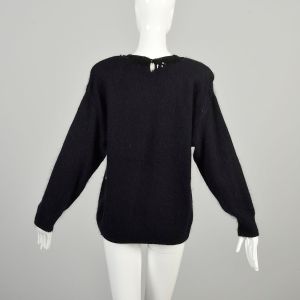 M-L 1980s Black Silk Angora Blend Knit Sweater Multicolor Sequin Polka Dot Soft Cozy Pullover  - Fashionconservatory.com