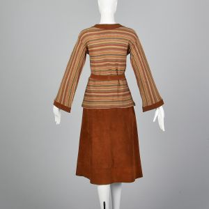 Small 1970s Pierre Cardin Tan Striped Skirt Set Suede Leather Skirt - Fashionconservatory.com