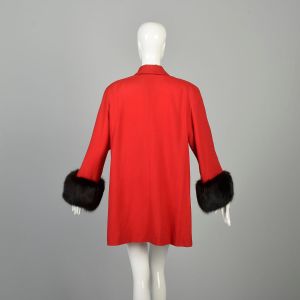 L | 1980s Red Swing Coat w/Fox Fur Cuffs by Lilli Ann for I. Magnin - Fashionconservatory.com