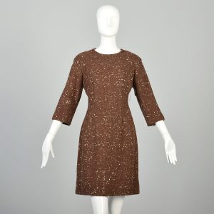 Medium 1960s Brown Cream Fleck Dress Heavyweight Wool Tweed 3/4 Sleeve Autumn Winter Mini Dress  
