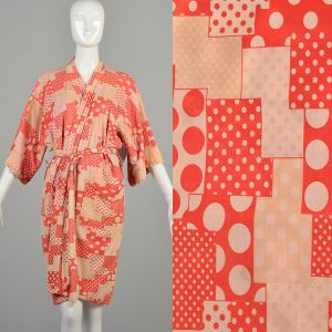 OSFM 1970s Red Tan Robe Geometric Polka Dot Silky Knee Length Waist Tie Patch Pockets Loungewear 