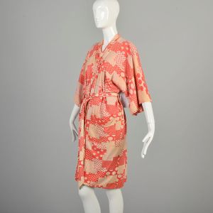 OSFM 1970s Red Tan Robe Geometric Polka Dot Silky Knee Length Waist Tie Patch Pockets Loungewear  - Fashionconservatory.com