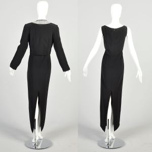 Large 2000s Black Jacket Dress Set Sparkle Clear Silver Beaded Sleeveless Maxi Formal Ensemble - Fashionconservatory.com