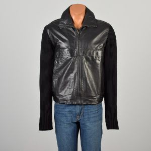 Large 2000s Black Leather Jacket with Ribbed Knit Sleeves