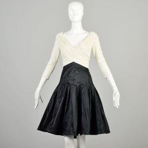 Small 2010s Cocktail Dress Black and Ivory Off White Ruched Taffeta Dress