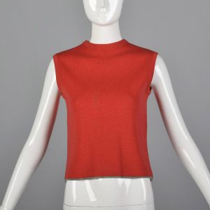 Small 1960s Red Tank Top Cropped Knit Sleeveless Mod Mock Neck Gray Trim Rockabilly Blouse