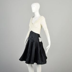 Small 2010s Cocktail Dress Black and Ivory Off White Ruched Taffeta Dress - Fashionconservatory.com