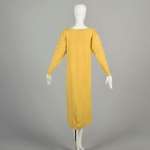 XL-XXL 1970s Yellow Sweater Dress Cutout Embroidery Swirls Lightweight Acrylic Long Sleeve Midi  - Fashionconservatory.com