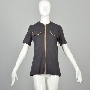 Medium 1970s Tunic Top Casual Knit Mod Zip Front Gray Short Sleeve