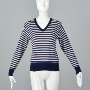 Small 1970s Sweater Blue Multicolor Stripes V-Neck Ribbed Knit Trim Long Sleeve Pullover