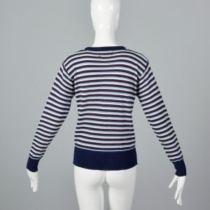 Small 1970s Sweater Blue Multicolor Stripes V-Neck Ribbed Knit Trim Long Sleeve Pullover - Fashionconservatory.com