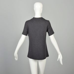 Medium 1970s Tunic Top Casual Knit Mod Zip Front Gray Short Sleeve - Fashionconservatory.com