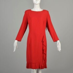 XL 1980s Bright Red Dress Ruffle Hem Long Sleeve Viscose Shift Dress Carolina Herrera 