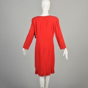 XL 1980s Bright Red Dress Ruffle Hem Long Sleeve Viscose Shift Dress Carolina Herrera  - Fashionconservatory.com