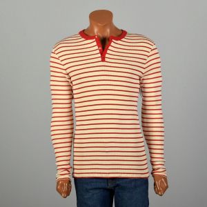 Small 1960s Ribbed Knit Henley Snap Front Stretch Horizontal Stripe