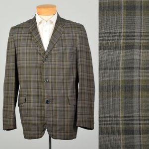 Large 1960s Green Plaid Blazer Two Front Buttons Skinny Lapel Wash n Wear Lightweight Sport Coat 